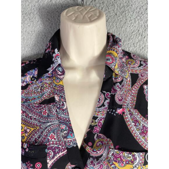 Express Women’s Paisley Button Down Shirt XS Black Multicolor Boho Blouse - Picture 5 of 10